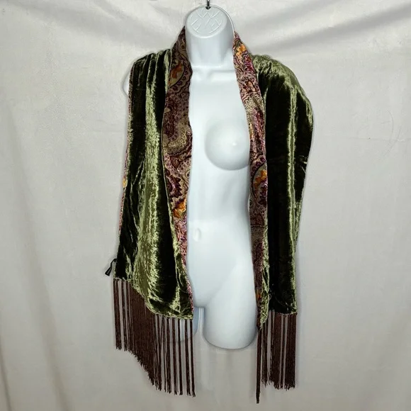 Ellen Tracy Velvet Paisley Fringe Scarf in Olive Green & Brown - Picture 2 of 5
